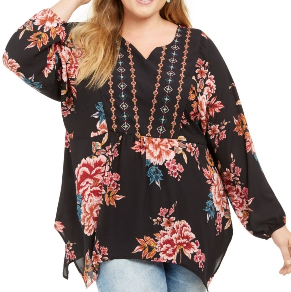 Style & Co. Blouse Top Flowy Festive Black Floral Pink Print  Split Neck Sz M